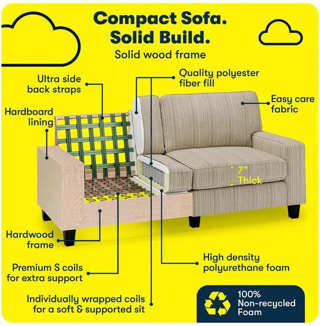 Alt view image 6 of 7 - Serta Palisades 73" Track Arm Sofa, Easy Care Polyester, Soft Pillow Back, Pocket Coil Seat Cushions, Removable Covers, Loveseat or Couch for Small Spaces, Living Rooms or Bedrooms, Beige