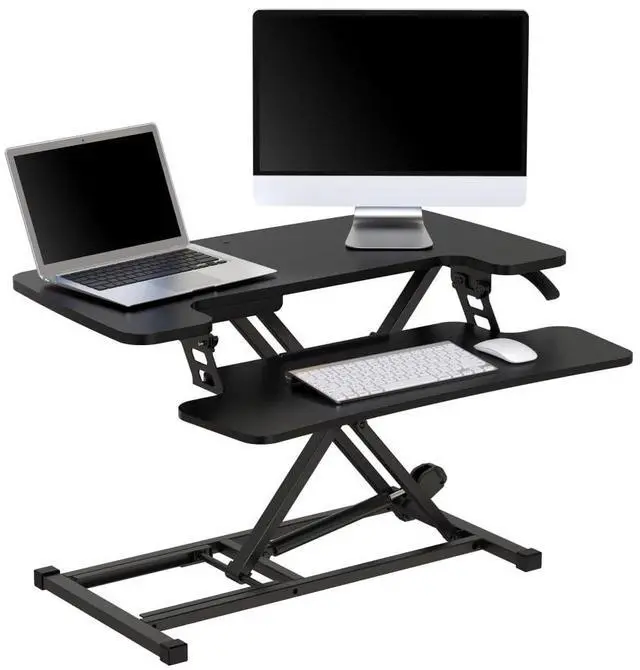 Main image of Realspace® P10 Pneumatic Standing Desk Riser Converter with Keyboard Tray, 20"H x 31-1/2"W x 25"D, Black
