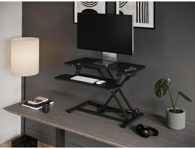 Alt view image 5 of 7 - Realspace® P10 Pneumatic Standing Desk Riser Converter with Keyboard Tray, 20"H x 31-1/2"W x 25"D, Black