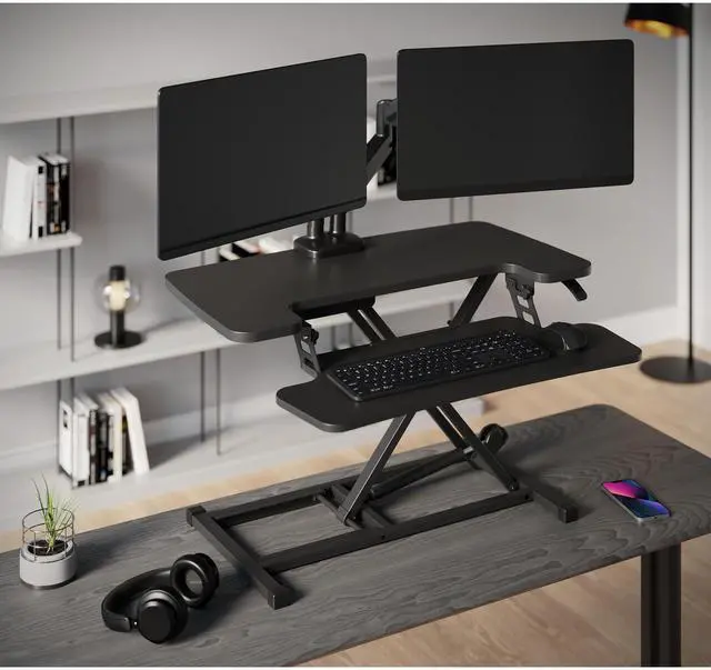 Alt view image 4 of 7 - Realspace® P10 Pneumatic Standing Desk Riser Converter with Keyboard Tray, 20"H x 31-1/2"W x 25"D, Black