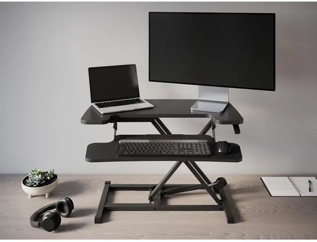 Alt view image 3 of 7 - Realspace® P10 Pneumatic Standing Desk Riser Converter with Keyboard Tray, 20"H x 31-1/2"W x 25"D, Black