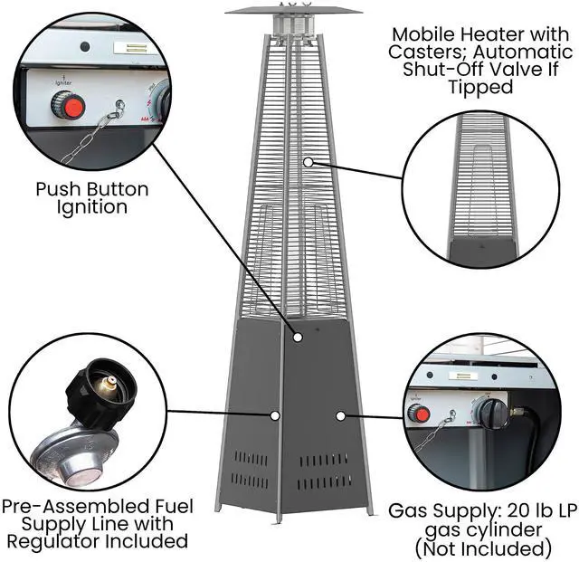 Alt view image 3 of 7 - Flash Furniture Outdoor Patio Heater with Wheels - Slate Gray - 42,000 BTU - 7.5 Feet Tall - Stainless Steel - For Residential and Commercial Use