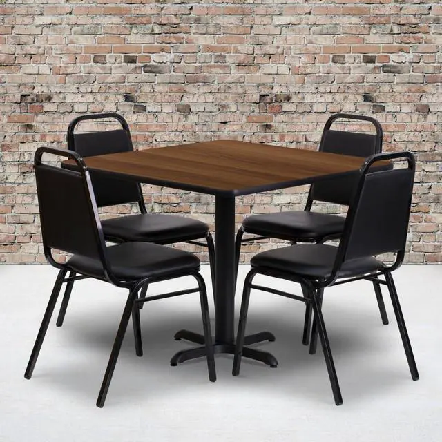 Alt view image 4 of 8 - Flash Furniture HDBF1012-GG 36" Square Walnut Laminate Table Set with 4 Black Trapezoidal Back Banquet Chairs
