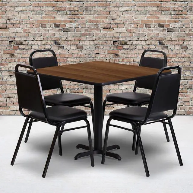 Alt view image 6 of 8 - Flash Furniture HDBF1012-GG 36" Square Walnut Laminate Table Set with 4 Black Trapezoidal Back Banquet Chairs