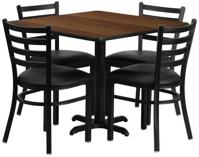 Alt view image 4 of 7 - Flash Furniture Square Laminate Table Set with 4 Ladder Back Metal Vinyl Seat Chair, 36", Black/Walnut