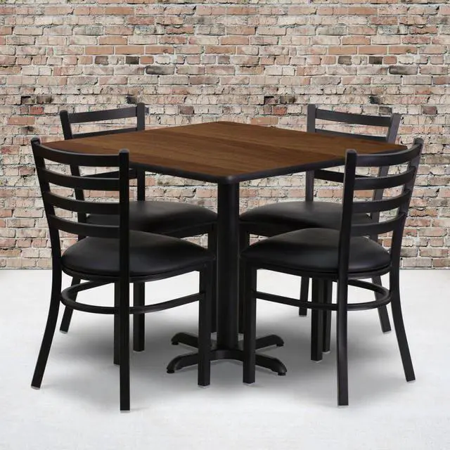 Alt view image 5 of 7 - Flash Furniture Square Laminate Table Set with 4 Ladder Back Metal Vinyl Seat Chair, 36", Black/Walnut