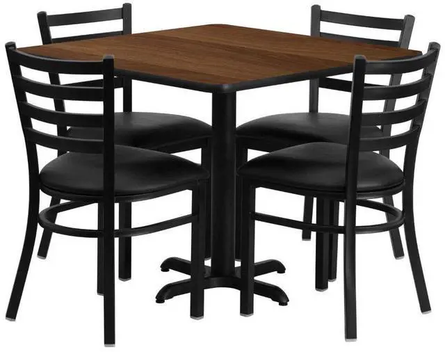 Alt view image 7 of 7 - Flash Furniture Square Laminate Table Set with 4 Ladder Back Metal Vinyl Seat Chair, 36", Black/Walnut