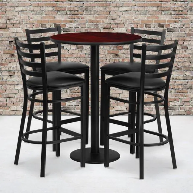 Alt view image 4 of 6 - Flash Furniture 30'' Round Mahogany Laminate Table Set with 4 Ladder Back Metal Bar Stools-Black Vinyl Seat