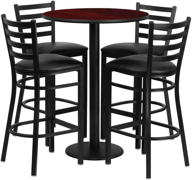 Alt view image 5 of 6 - Flash Furniture 30'' Round Mahogany Laminate Table Set with 4 Ladder Back Metal Bar Stools-Black Vinyl Seat