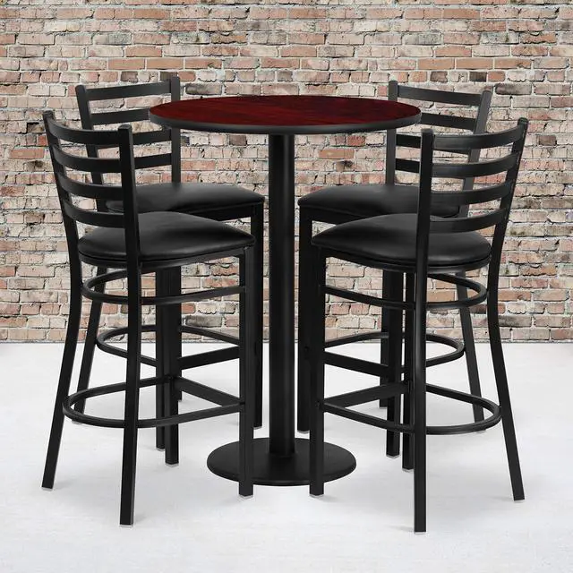 Alt view image 6 of 6 - Flash Furniture 30'' Round Mahogany Laminate Table Set with 4 Ladder Back Metal Bar Stools-Black Vinyl Seat