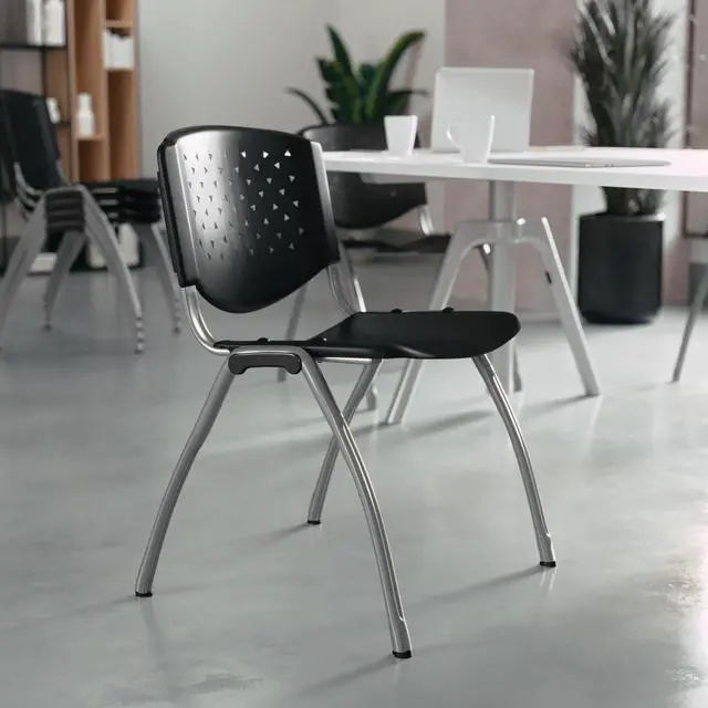 Alt view image 2 of 7 - HERCULES Series 880 lb. Capacity Black Plastic Stack Chair with Titanium Gray Powder Coated Frame | Powder Coated, 880 LBS. Weight Capacity