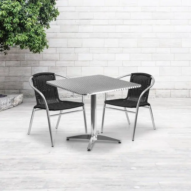 Alt view image 13 of 17 - 31.5'' Square Aluminum Indoor-Outdoor Table Set with 2 Black Rattan Chairs