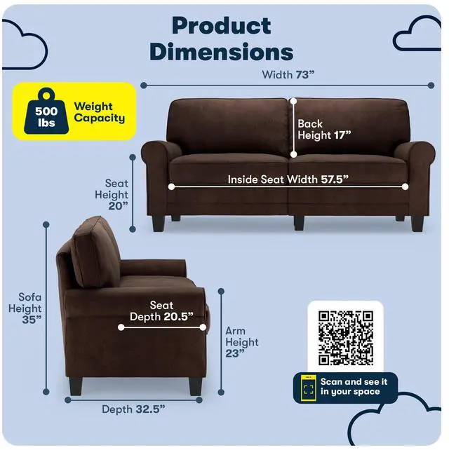 Alt view image 3 of 7 - Serta Copenhagen 73" Rolled Arm Sofa, Easy Care Polyester, Soft Pillow Back, Pocket Coil Seat Cushions, Removable Covers, Loveseat or Couch for Small Spaces, Living Rooms or Bedrooms, Brown