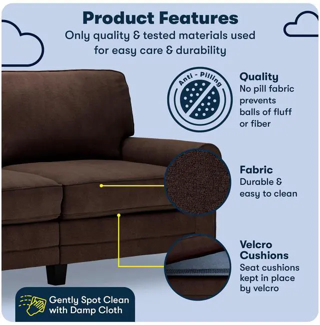 Alt view image 4 of 7 - Serta Copenhagen 73" Rolled Arm Sofa, Easy Care Polyester, Soft Pillow Back, Pocket Coil Seat Cushions, Removable Covers, Loveseat or Couch for Small Spaces, Living Rooms or Bedrooms, Brown