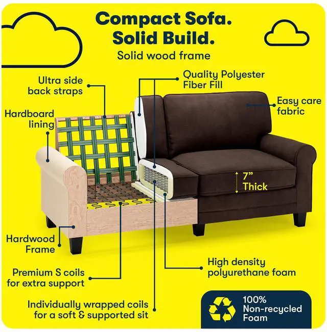 Alt view image 6 of 7 - Serta Copenhagen 73" Rolled Arm Sofa, Easy Care Polyester, Soft Pillow Back, Pocket Coil Seat Cushions, Removable Covers, Loveseat or Couch for Small Spaces, Living Rooms or Bedrooms, Brown