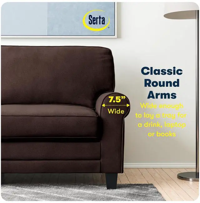 Alt view image 7 of 7 - Serta Copenhagen 73" Rolled Arm Sofa, Easy Care Polyester, Soft Pillow Back, Pocket Coil Seat Cushions, Removable Covers, Loveseat or Couch for Small Spaces, Living Rooms or Bedrooms, Brown