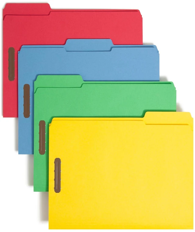 Main image of Fastener File Folders, Reinforced 1/3-Cut Tabs, 2 Fasteners, Letter Size, Assorted Coolors, 50 per Box (11975)