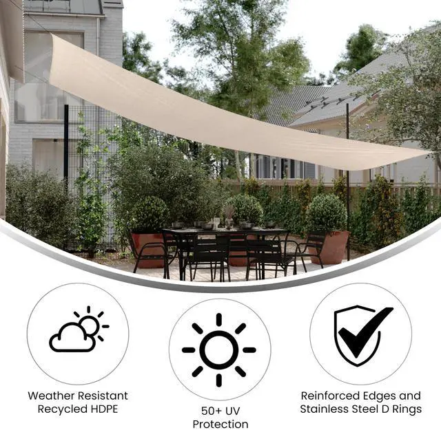 Alt view image 3 of 7 - Flash Furniture Palmetto Rectangle Sun Sail Canopy, Recycled HDPE with Reinforced Edges, Stainless Steel D Rings, Included 5 FT Nylon Attachment Ropes, 20 FT, Sand