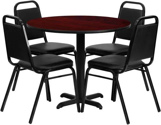 Alt view image 7 of 9 - Flash Furniture HDBF1002-GG Round Mahogany Laminate Table Set with 4 Black Trapezoidal Back Banquet Chairs, 36"
