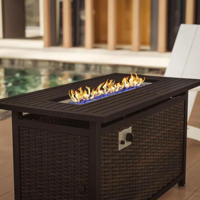 Alt view image 15 of 19 - Olympia 45" x 25" Outdoor Propane Gas 50,000 BTU Fire Pit Table with Stainless Steel Tabletop, Lid, Glass Beads, Wicker Base-Espresso/Black
