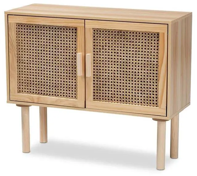 Alt view image 7 of 13 - Baxton Studio Maclean Mid-Century Modern Rattan and Natural Brown Finished Wood 2-Door Sideboard Buffet