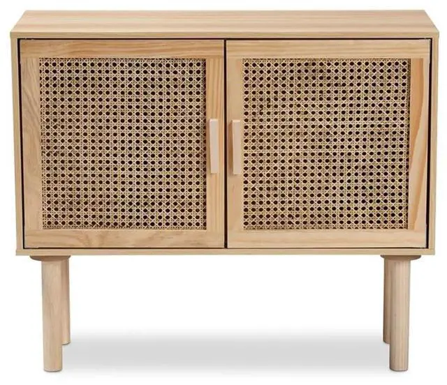 Alt view image 11 of 13 - Baxton Studio Maclean Mid-Century Modern Rattan and Natural Brown Finished Wood 2-Door Sideboard Buffet