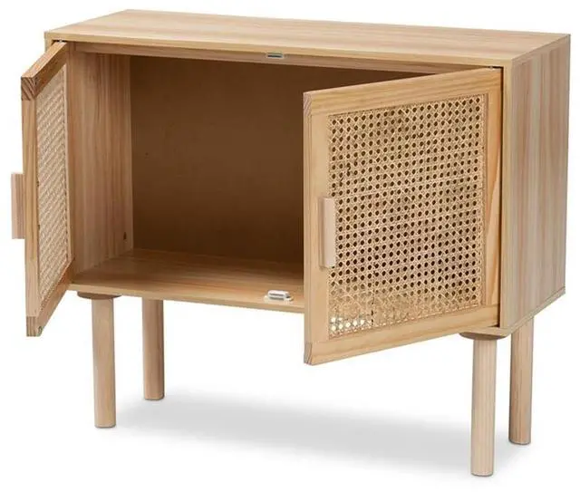 Alt view image 10 of 13 - Baxton Studio Maclean Mid-Century Modern Rattan and Natural Brown Finished Wood 2-Door Sideboard Buffet