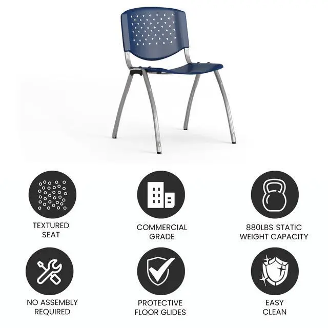 Alt view image 5 of 7 - Home and Office Navy Plastic Stack Chair with Perforated Back | Powder Coated, 880 LBS. Weight Capacity