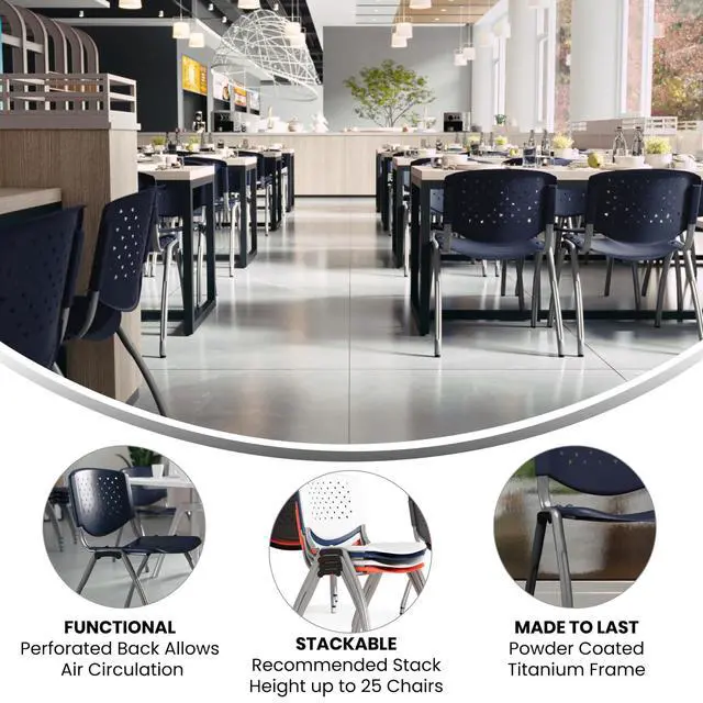Alt view image 4 of 7 - Home and Office Navy Plastic Stack Chair with Perforated Back | Powder Coated, 880 LBS. Weight Capacity