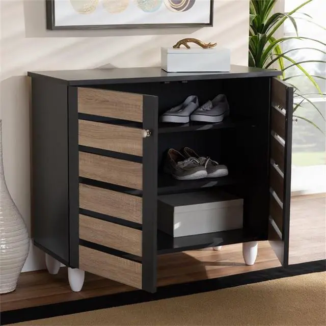 Alt view image 14 of 14 - Baxton Studio Gisela Modern and Contemporary Two-Tone Oak and Dark Gray 2-Door Shoe Storage Cabinet