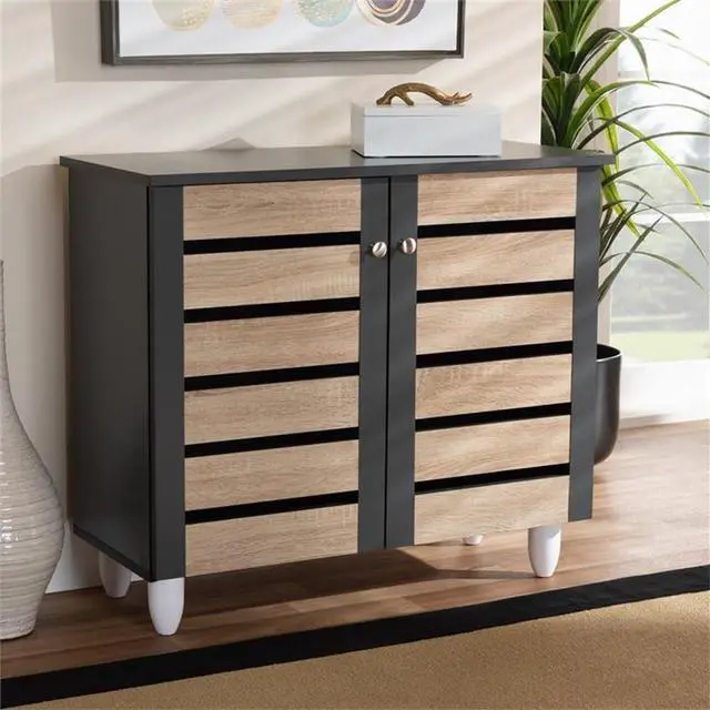 Alt view image 13 of 14 - Baxton Studio Gisela Modern and Contemporary Two-Tone Oak and Dark Gray 2-Door Shoe Storage Cabinet