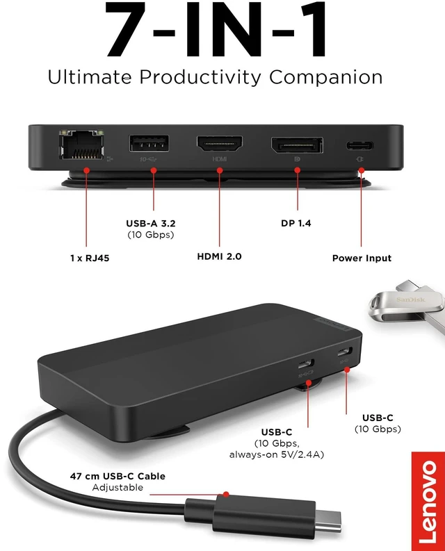 Alt view image 7 of 7 - USB-C Dual Display Travel Dock w/ 100W Power Adapter - 7 Ports, Integrated USB-C Cable, Universal Compatibility, Dual Displays at 4K - Black