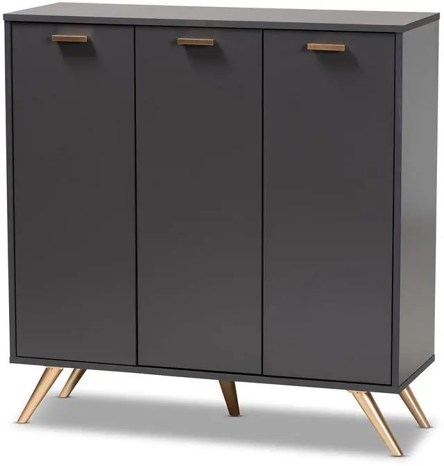 Alt view image 7 of 13 - Baxton Studio Kelson Modern and Contemporary Dark Grey and Gold Finished Wood 3-Door Shoe Cabinet