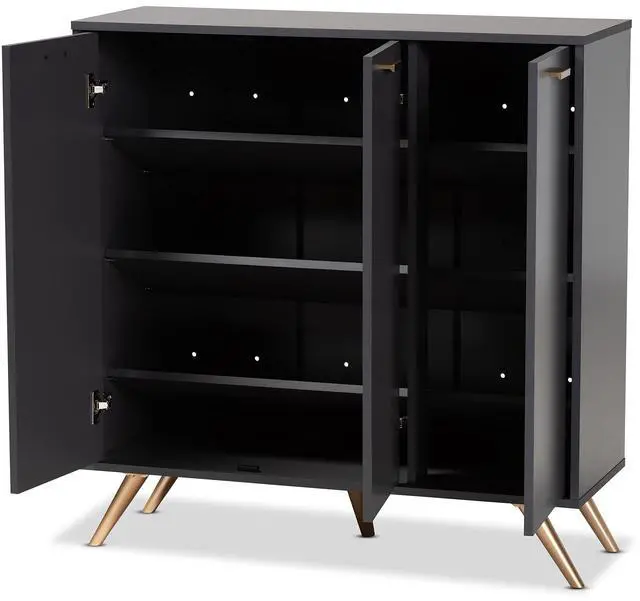 Alt view image 8 of 13 - Baxton Studio Kelson Modern and Contemporary Dark Grey and Gold Finished Wood 3-Door Shoe Cabinet