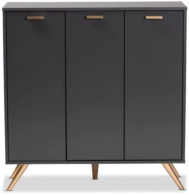 Alt view image 9 of 13 - Baxton Studio Kelson Modern and Contemporary Dark Grey and Gold Finished Wood 3-Door Shoe Cabinet
