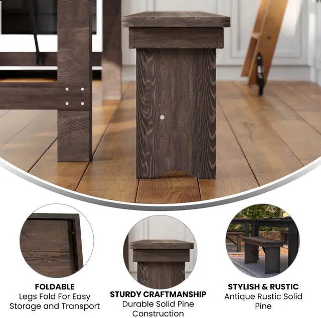 Alt view image 4 of 7 - Flash Furniture HERCULES 40" x 12" Folding Farm Bench, Solid Pine Entryway Bench in Mahogany