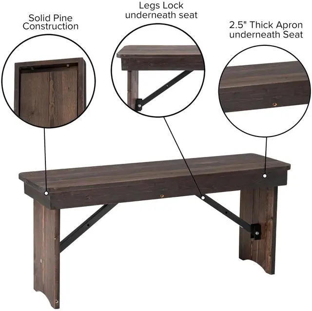 Alt view image 5 of 7 - Flash Furniture HERCULES 40" x 12" Folding Farm Bench, Solid Pine Entryway Bench in Mahogany