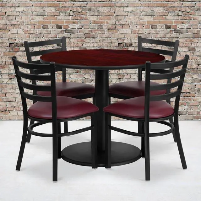 Alt view image 4 of 7 - Flash Furniture 36" Round Mahogany Laminate Table Set with 4 Ladder Back Metal Chairs with Burgundy Vinyl Seat