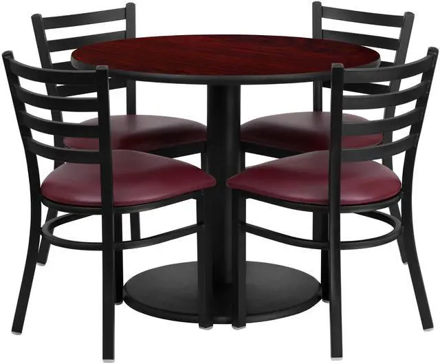 Alt view image 5 of 7 - Flash Furniture 36" Round Mahogany Laminate Table Set with 4 Ladder Back Metal Chairs with Burgundy Vinyl Seat