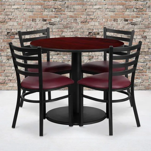 Alt view image 6 of 7 - Flash Furniture 36" Round Mahogany Laminate Table Set with 4 Ladder Back Metal Chairs with Burgundy Vinyl Seat