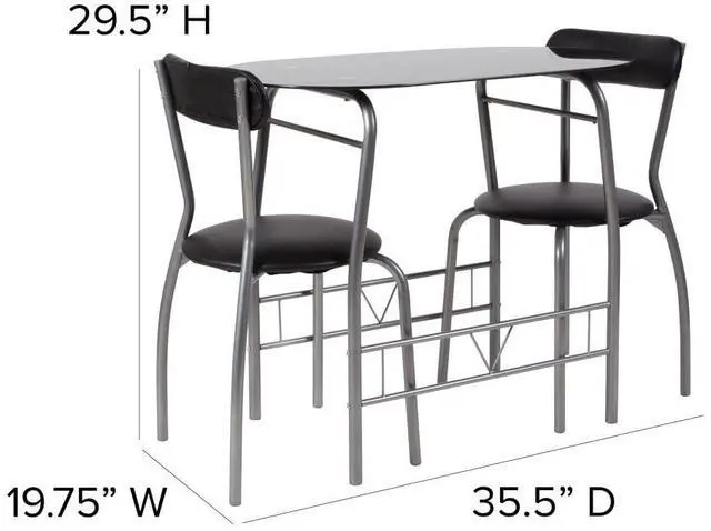 Alt view image 12 of 12 - Sutton 3 Piece Space-Saver Bistro Set with Black Glass Top Table and Black Vinyl Padded Chairs