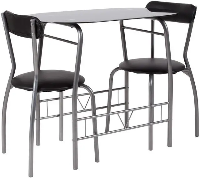 Alt view image 10 of 12 - Sutton 3 Piece Space-Saver Bistro Set with Black Glass Top Table and Black Vinyl Padded Chairs
