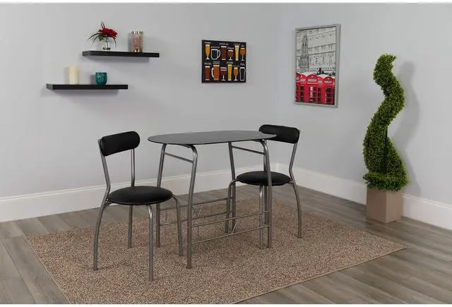 Alt view image 11 of 12 - Sutton 3 Piece Space-Saver Bistro Set with Black Glass Top Table and Black Vinyl Padded Chairs
