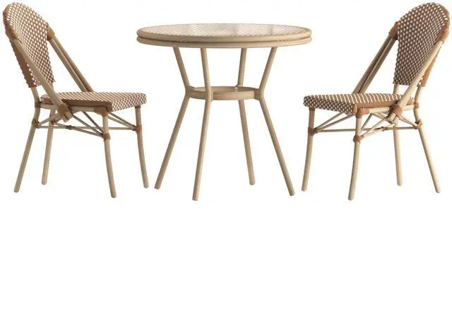 Alt view image 2 of 7 - Flash Furniture Lourdes Indoor/Outdoor Commercial Bistro Set - Tempered Glass Top Table - 2 Chairs - PE Rattan - Lt NAT Bamboo Print Aluminum Frame - NAT/Wht