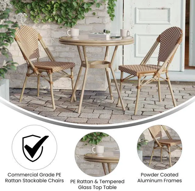 Alt view image 4 of 7 - Flash Furniture Lourdes Indoor/Outdoor Commercial Bistro Set - Tempered Glass Top Table - 2 Chairs - PE Rattan - Lt NAT Bamboo Print Aluminum Frame - NAT/Wht