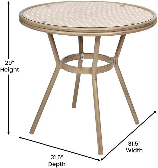 Alt view image 6 of 7 - Flash Furniture Lourdes Indoor/Outdoor Commercial Bistro Set - Tempered Glass Top Table - 2 Chairs - PE Rattan - Lt NAT Bamboo Print Aluminum Frame - NAT/Wht