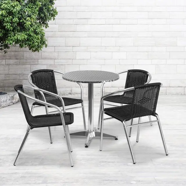 Alt view image 7 of 11 - 23.5'' Round Aluminum Indoor-Outdoor Table Set with 4 Black Rattan Chairs
