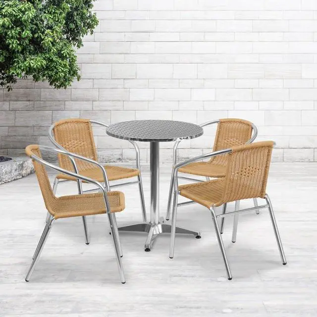 Alt view image 16 of 20 - 23.5'' Round Aluminum Indoor-Outdoor Table Set with 4 Beige Rattan Chairs