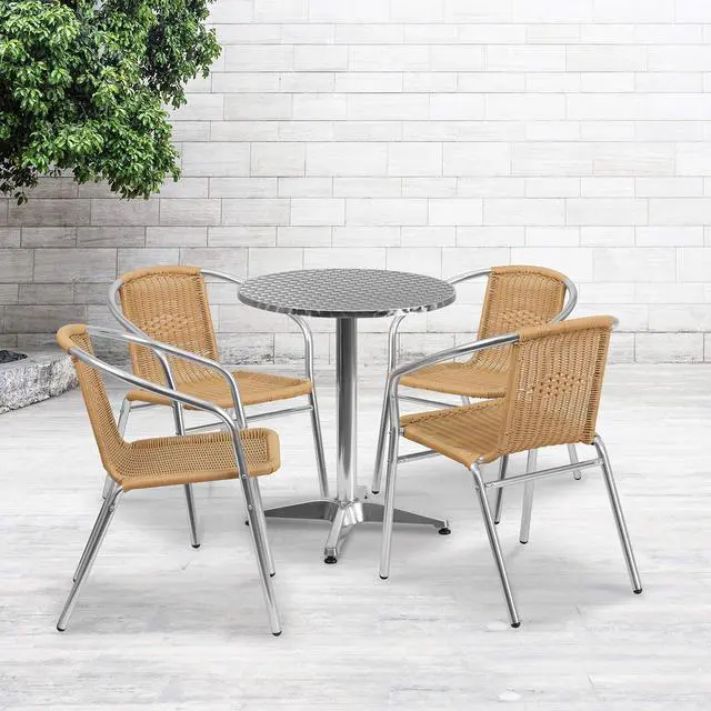 Alt view image 17 of 20 - 23.5'' Round Aluminum Indoor-Outdoor Table Set with 4 Beige Rattan Chairs