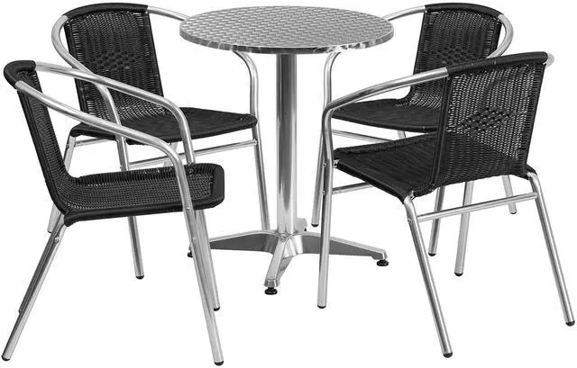Alt view image 9 of 11 - 23.5'' Round Aluminum Indoor-Outdoor Table Set with 4 Black Rattan Chairs